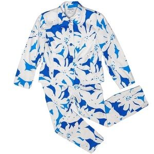 Due Per Due Pantsuit Set White Blue Abstract Floral Blazer Trousers Coastal Sz 8
